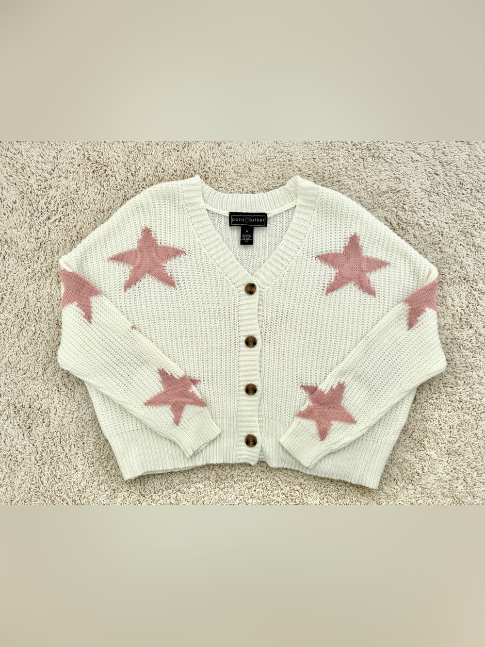 Polly & Esther Y2k Oversized Pink & White Star Knit Cardigan Sweater (in size M)